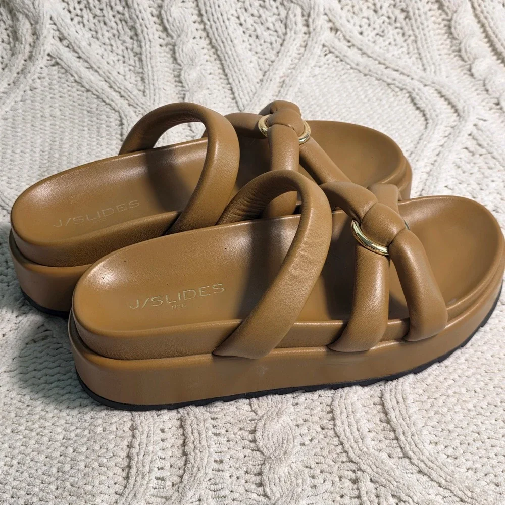 J/Slides Platform Slide Sandals Tan Padded Leather Gold Accent Women 8 Excellent